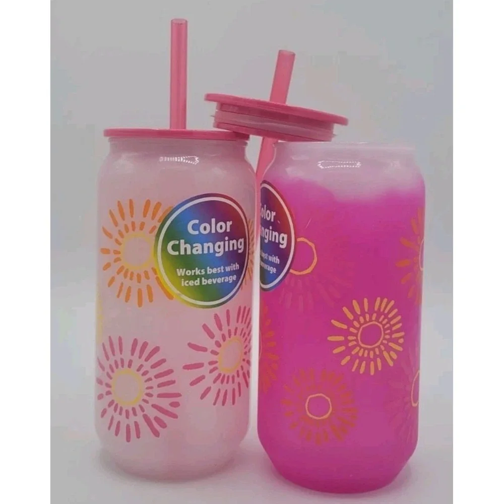 20oz Color Changing Tumbler NEW Set Of 4 Lid Straw Pink Yellow Orange Sunburst